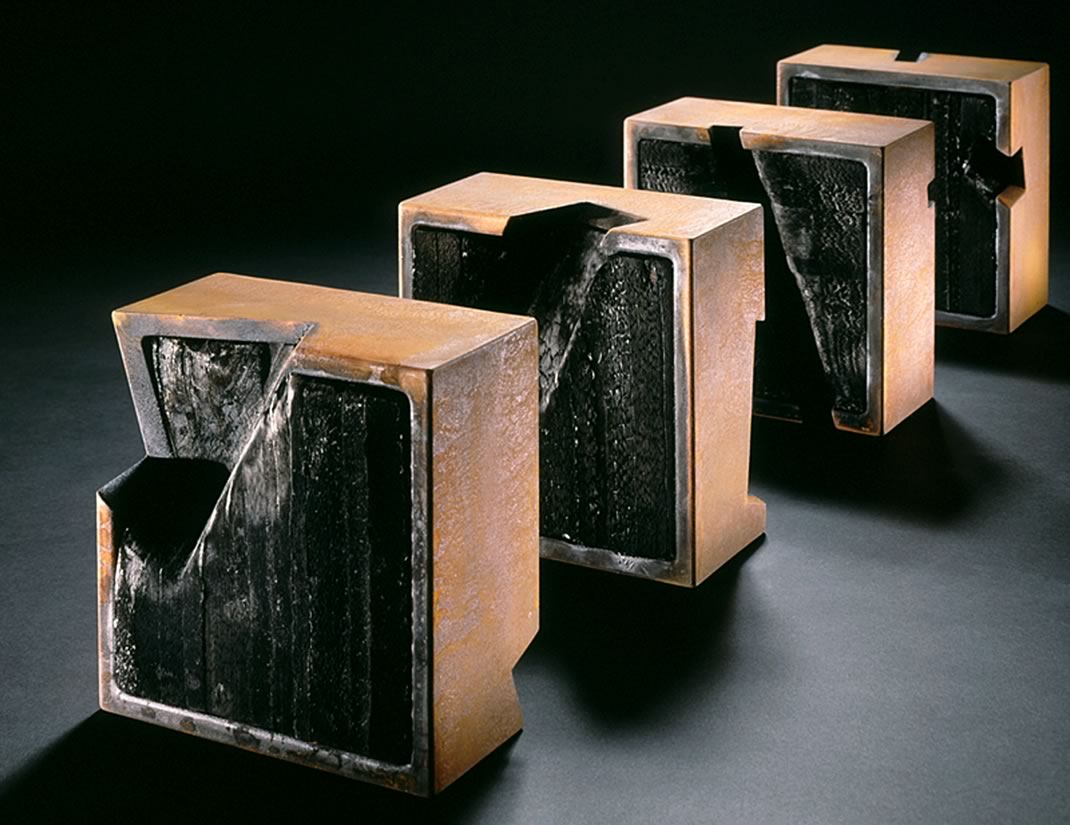 Tom Joyce, Book Art, Allan Chasanoff Collection, Yale University Art Gallery- CHASE - iron, charred books - 8 x 8 x 4 each - Photograph: Nick Merrick